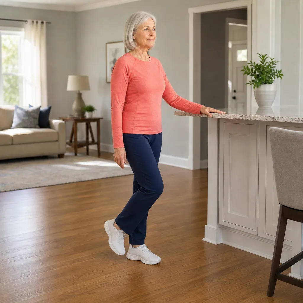 Older woman practicing a low supported single-leg balance