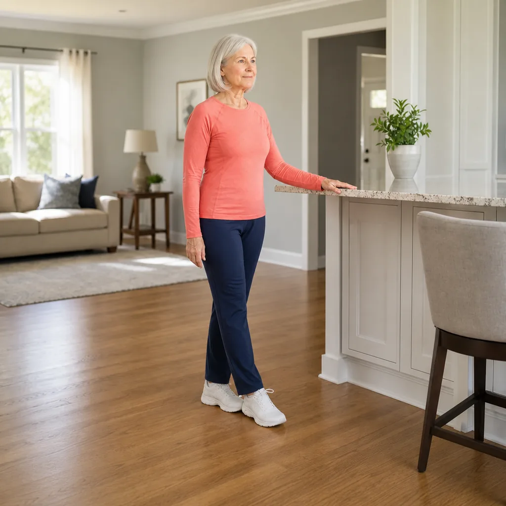 Older woman practicing a supported heel-to-toe stance