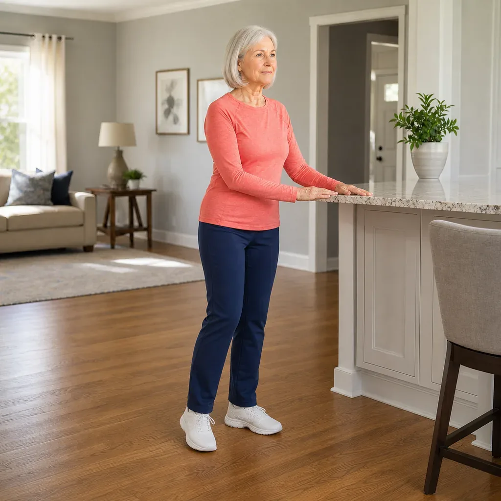 Older woman practicing supported side-to-side weight shifts