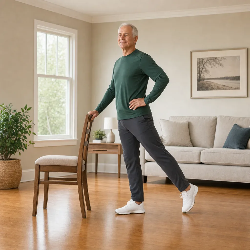 Older man performing a supported standing Pilates hip extension