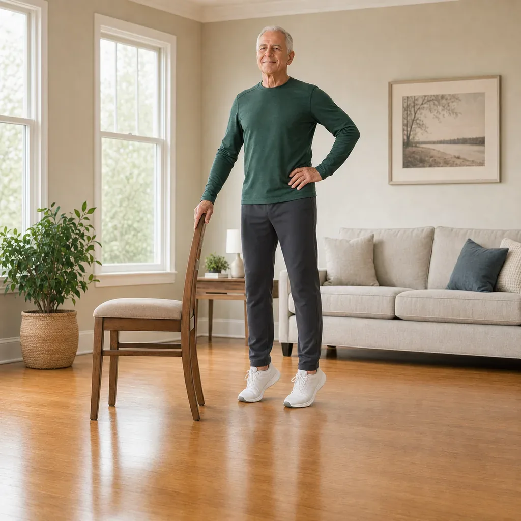 Older man performing a slow supported standing heel raise