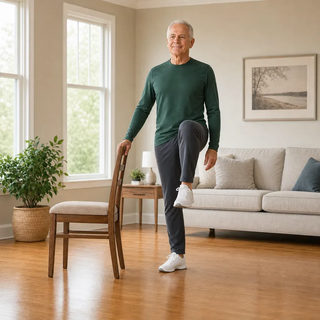 Older man performing a supported standing Pilates march