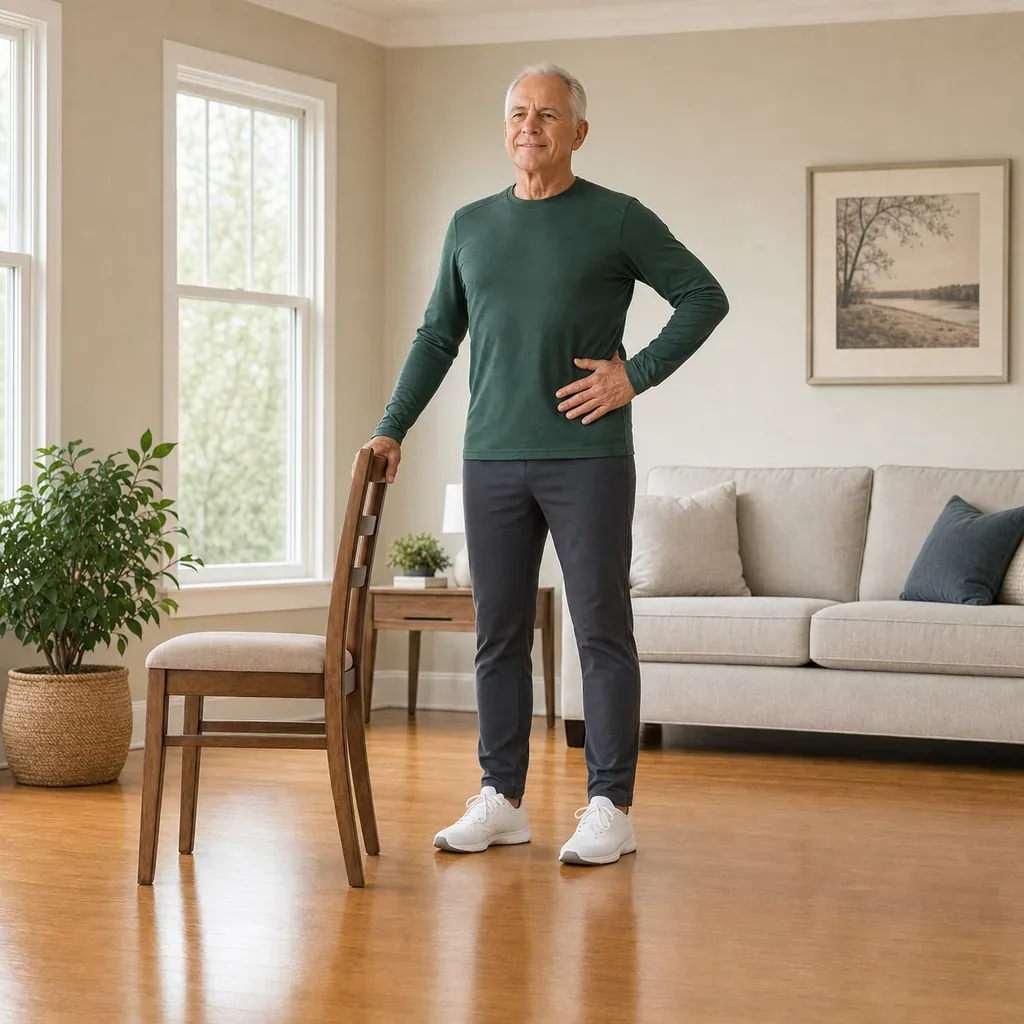 Older man practicing supported standing Pilates posture and breathing