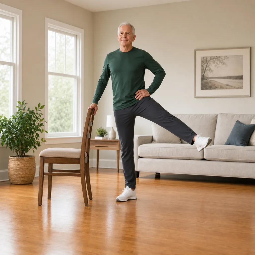 Older man performing a supported standing side leg lift
