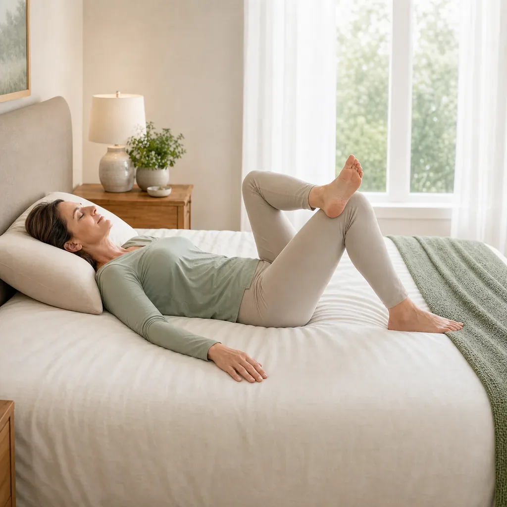 Woman resting one ankle over the opposite thigh in a supported figure-four