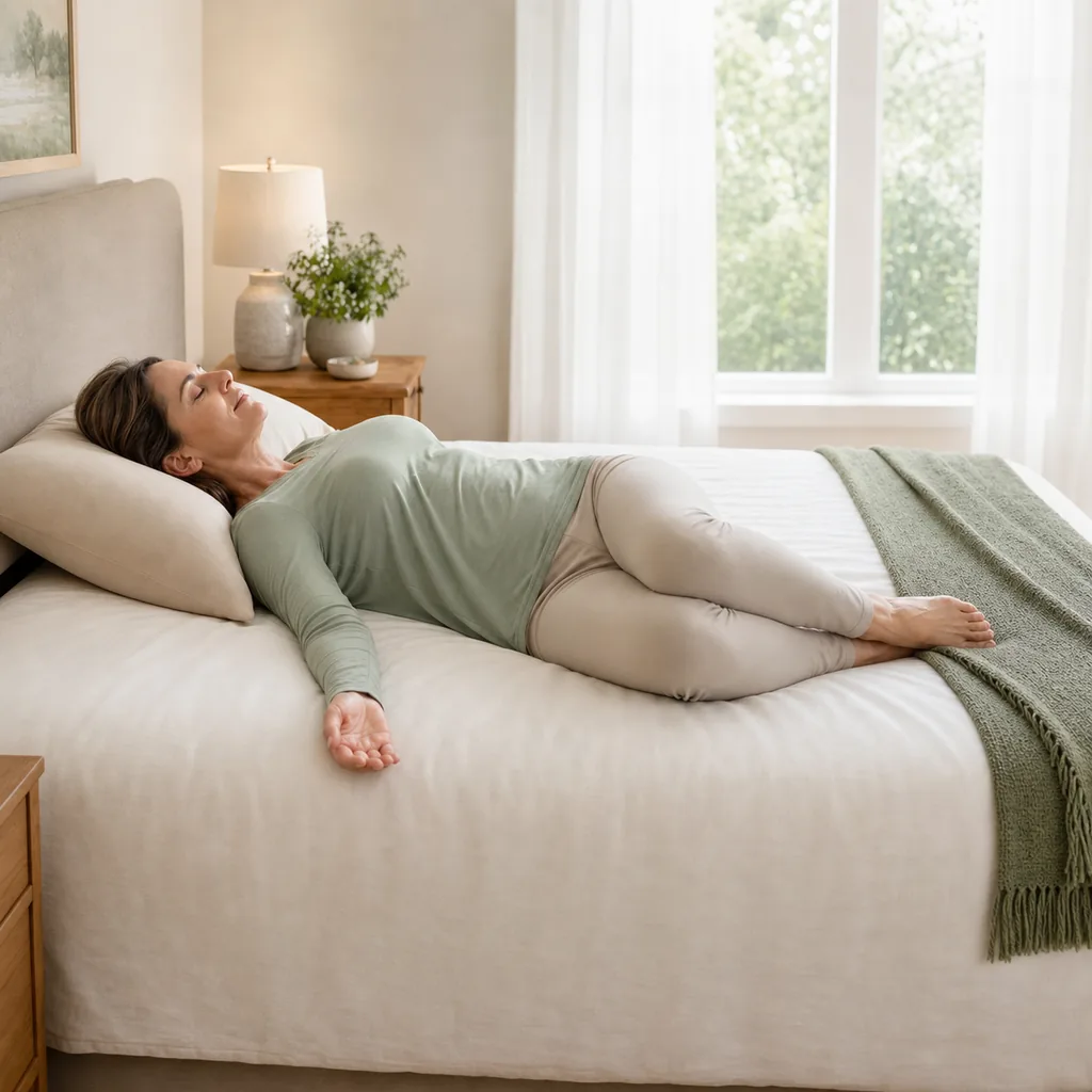 Woman moving both bent knees a few inches to one side on a firm bed