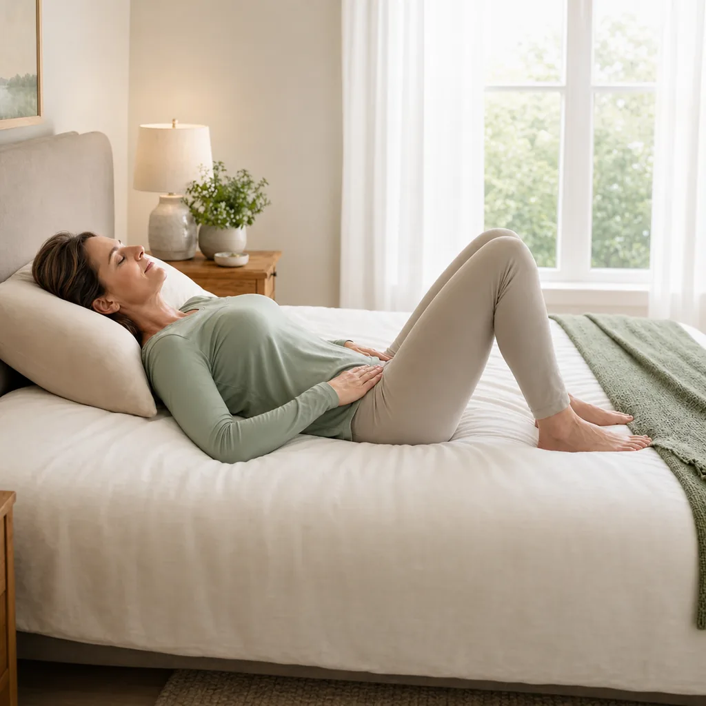 Woman lying with knees bent and hands on the hips for a small pelvic tilt