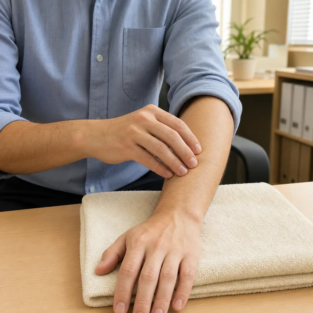 Typist making light fingertip circles over the forearm muscle