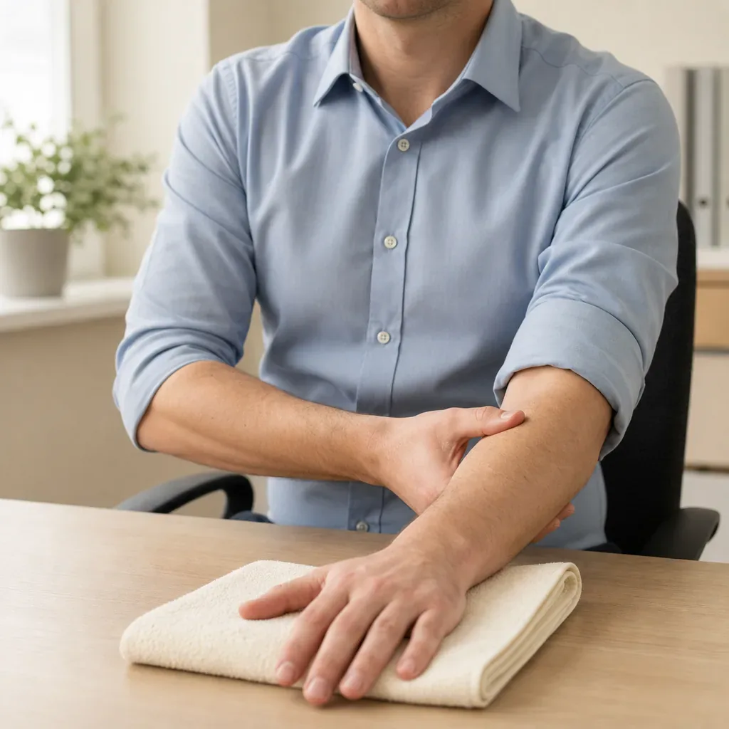 Typist applying gentle compression to the fleshy forearm