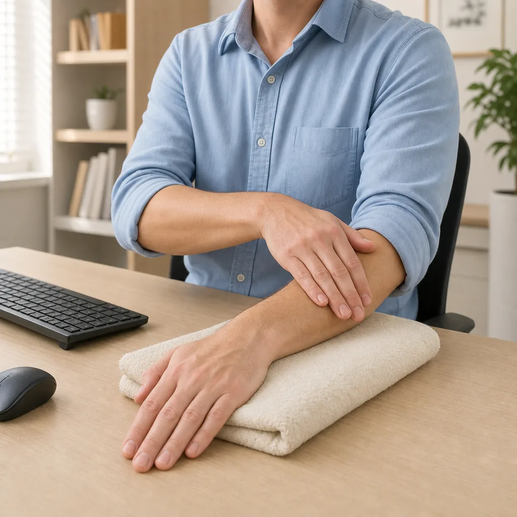 Typist sweeping the palm-down upper forearm toward the elbow