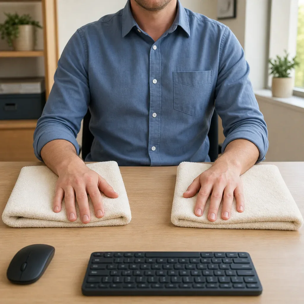 Typist resting both forearms neutrally on folded towels