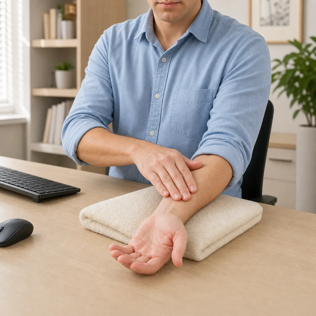 Typist using the opposite palm for a broad inner-forearm glide