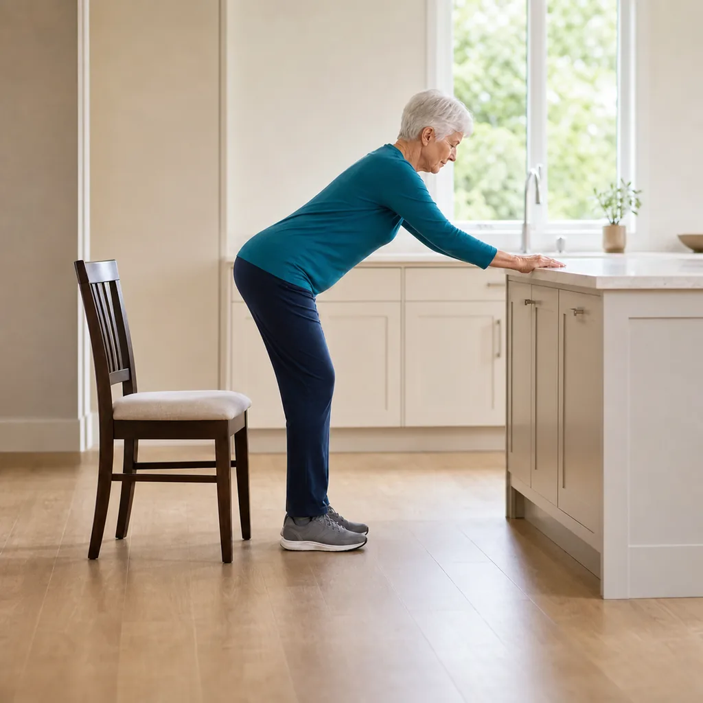 Senior hinging the hips toward a chair while holding a fixed counter