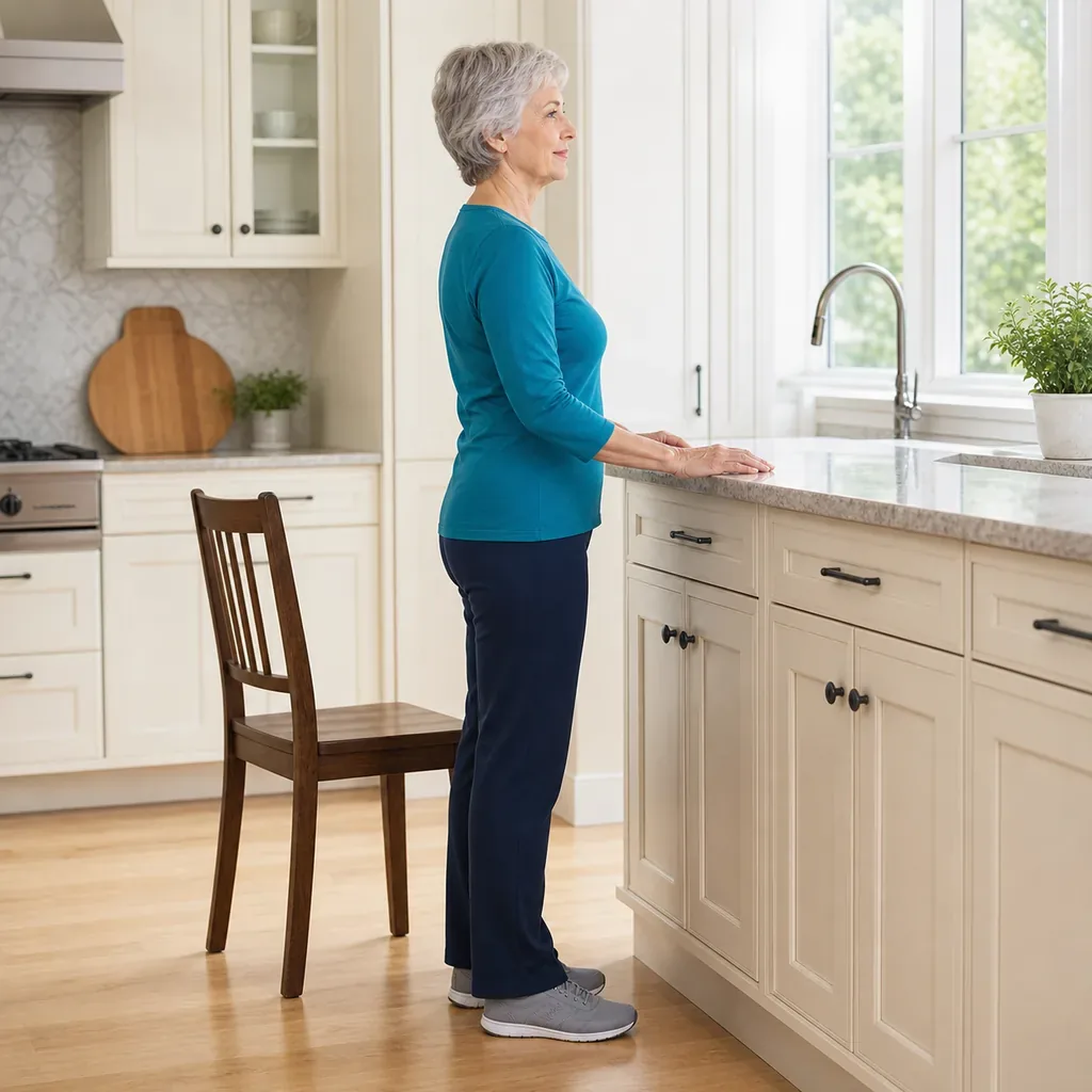 Senior standing at a fixed counter with a stable chair behind