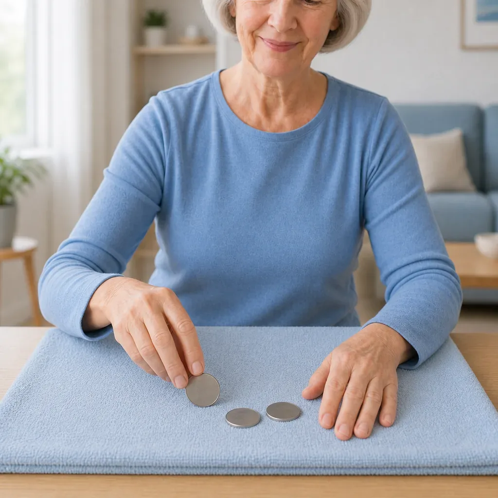Senior turning large coins on a nonslip towel