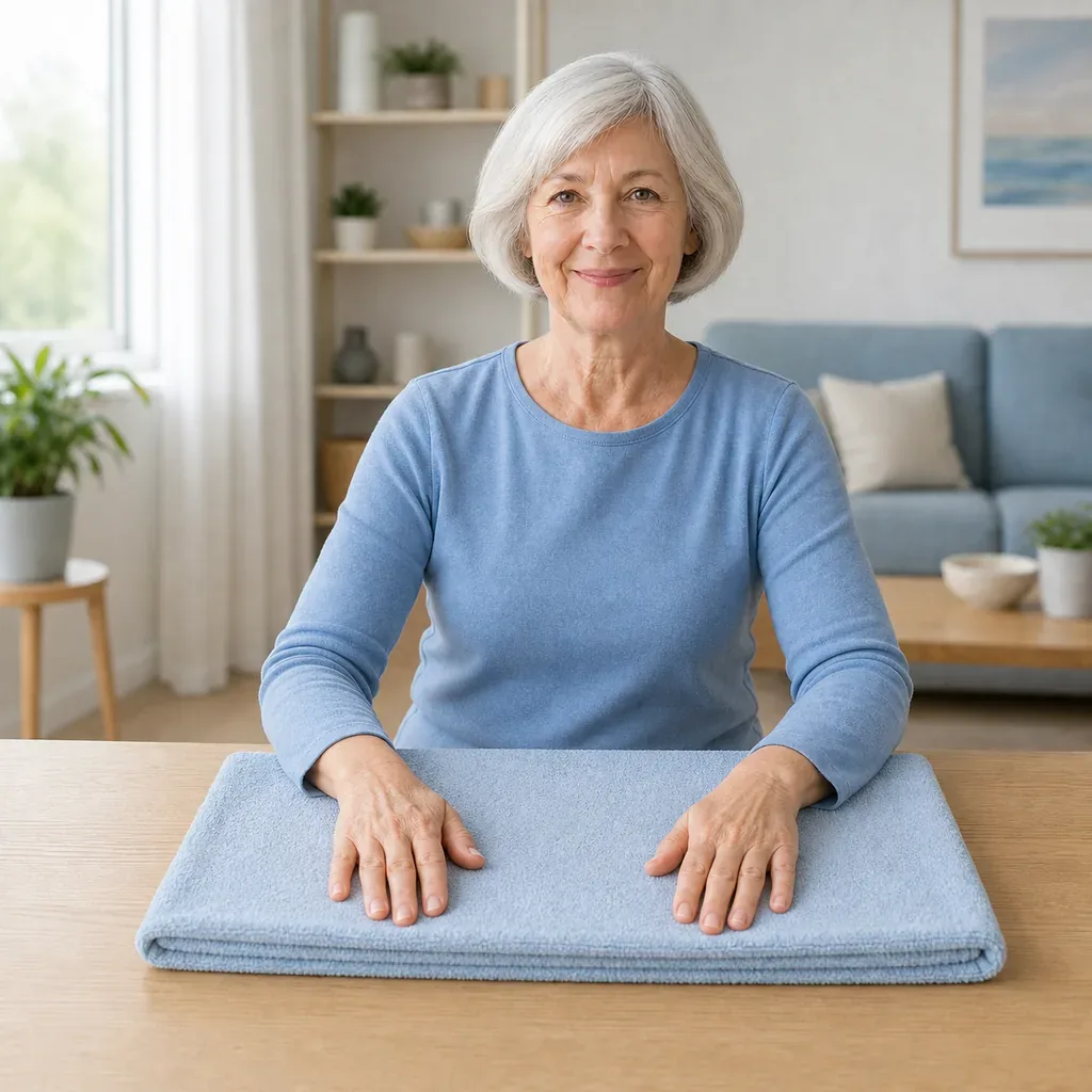 Senior seated with both forearms supported on a folded towel