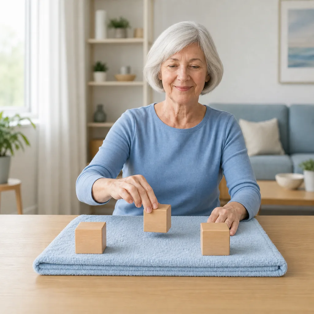 Senior transferring three large wooden objects across a towel