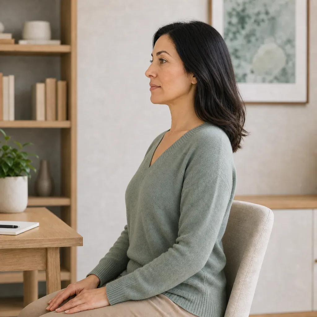 Desk worker demonstrating a small seated chin nod