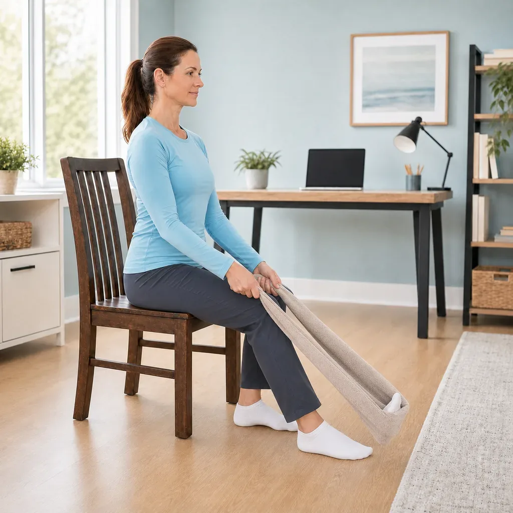 Desk worker performing a bent-knee seated towel calf stretch