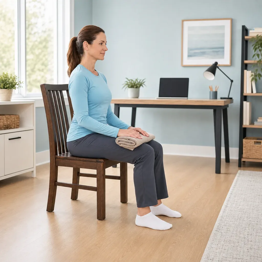 Desk worker seated upright with both feet supported