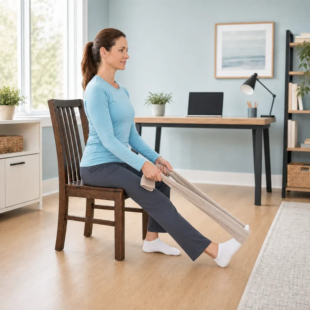 Desk worker performing a straight-knee seated towel calf stretch