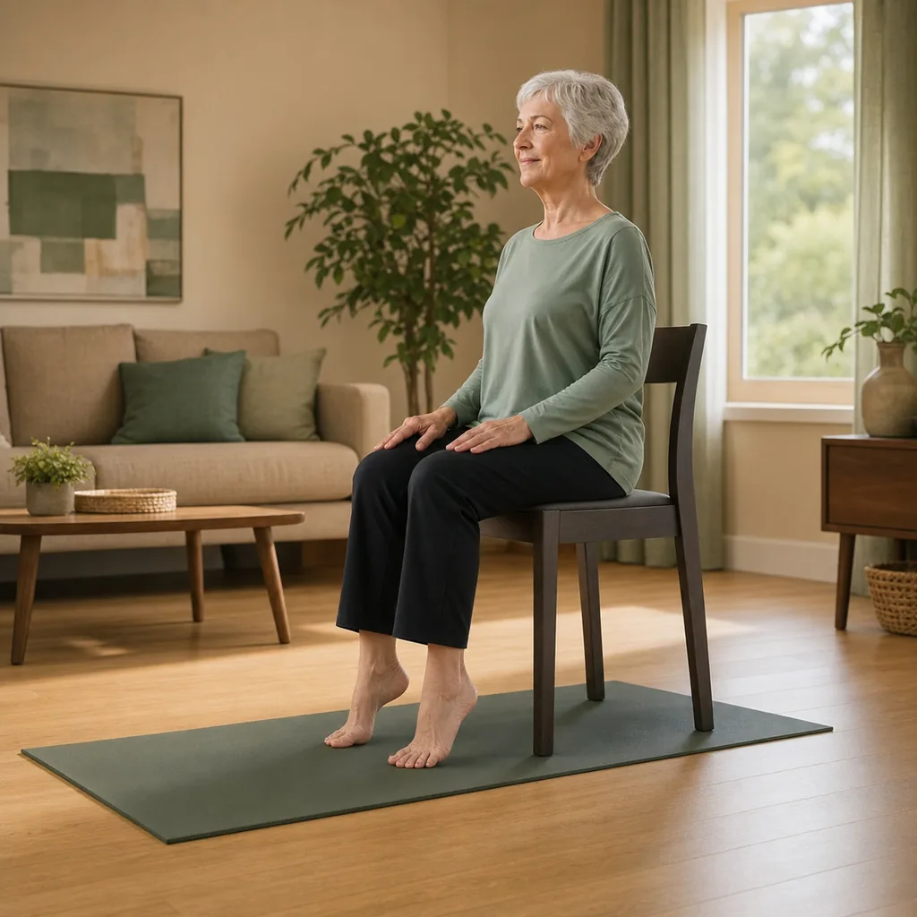 Senior performing seated heel raises with forefeet grounded