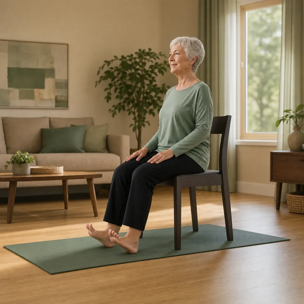 Senior seated with heels grounded while lifting and spreading the toes
