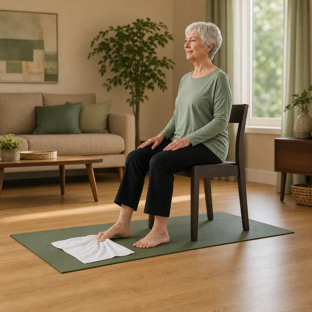 Senior drawing a towel inward with the toes while seated