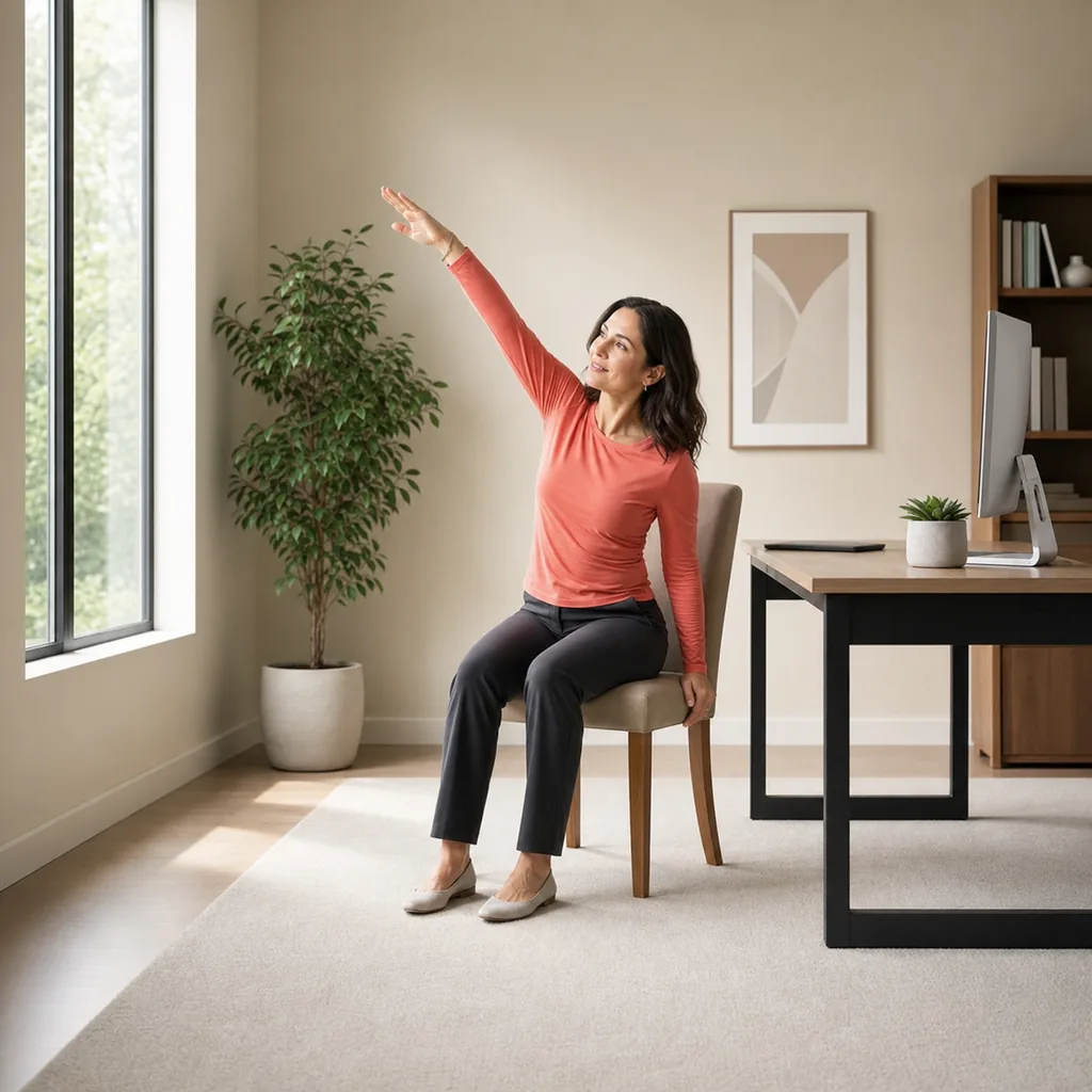 Office worker demonstrating a seated diagonal reach