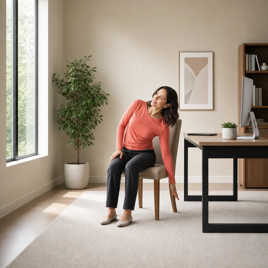 Office worker demonstrating a seated low-arm side reach