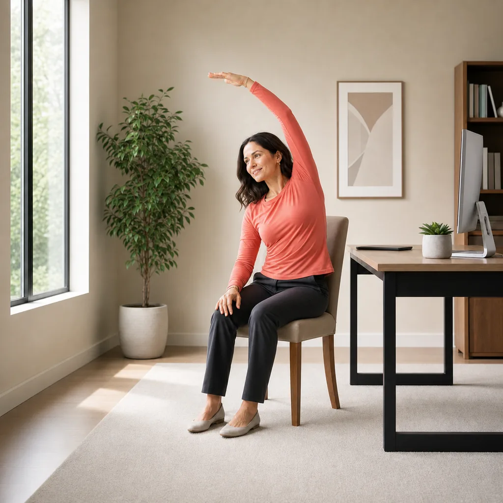 Office worker demonstrating a seated overhead side bend