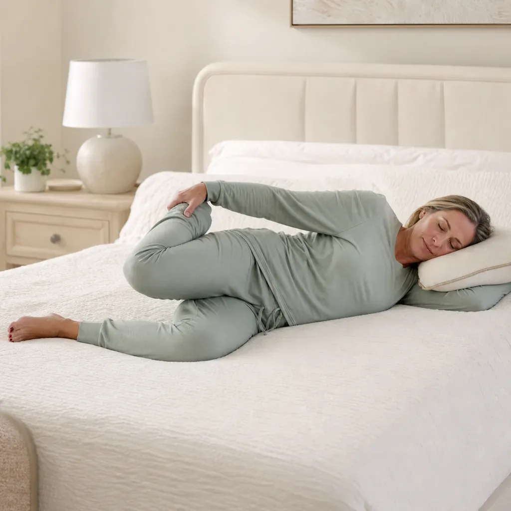 Woman performing a gentle side-lying thigh reach on a bed