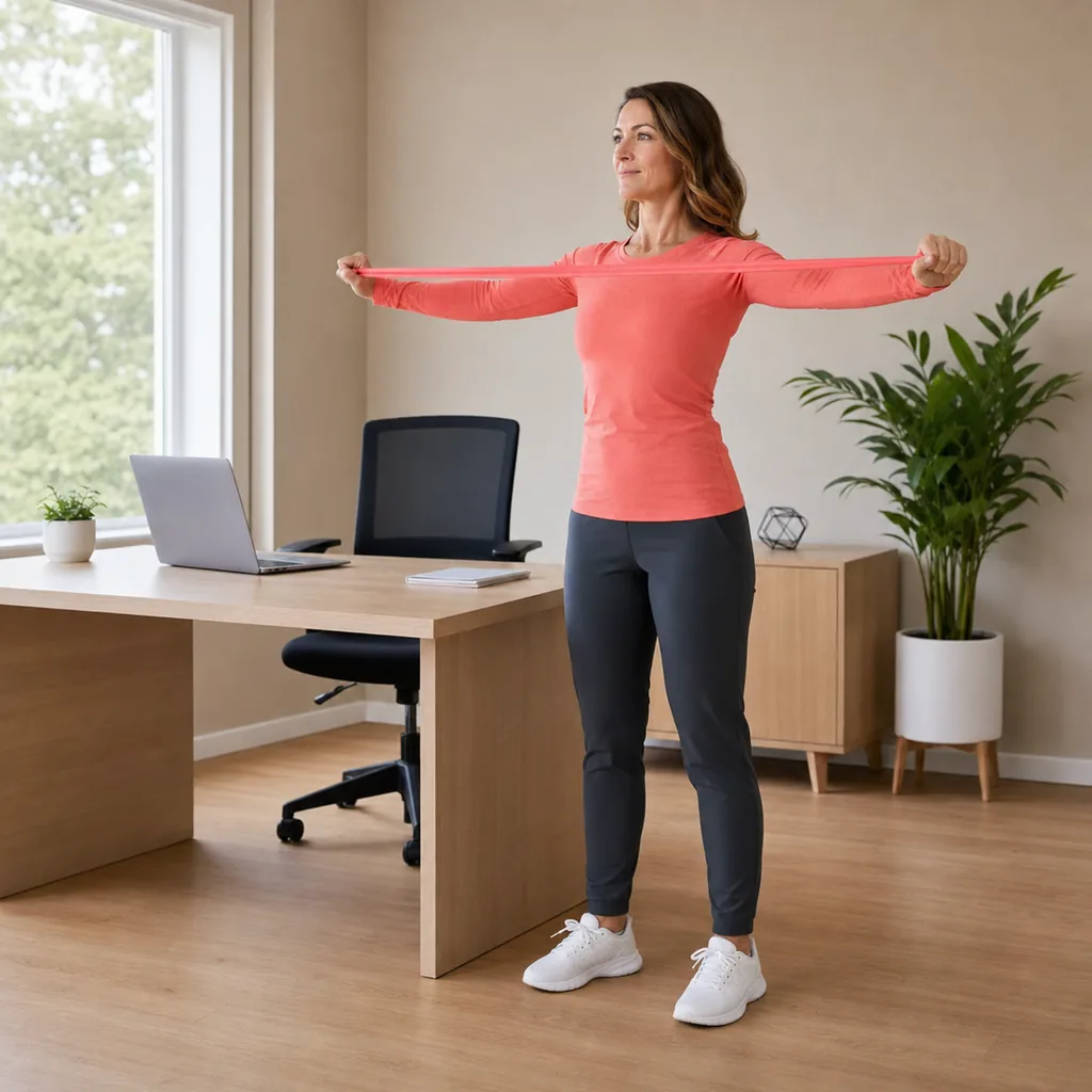 Office worker performing a standing resistance band pull-apart