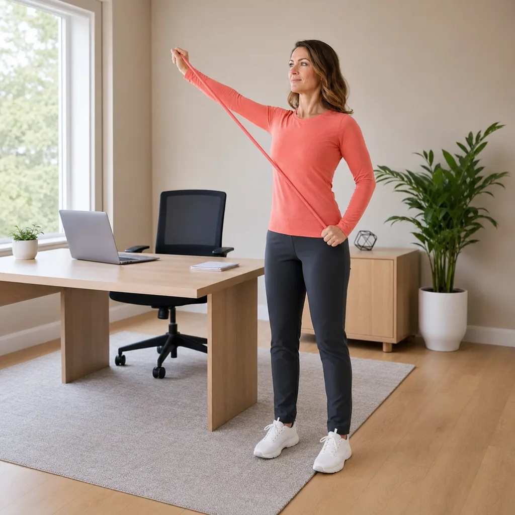Office worker performing a diagonal resistance band reach