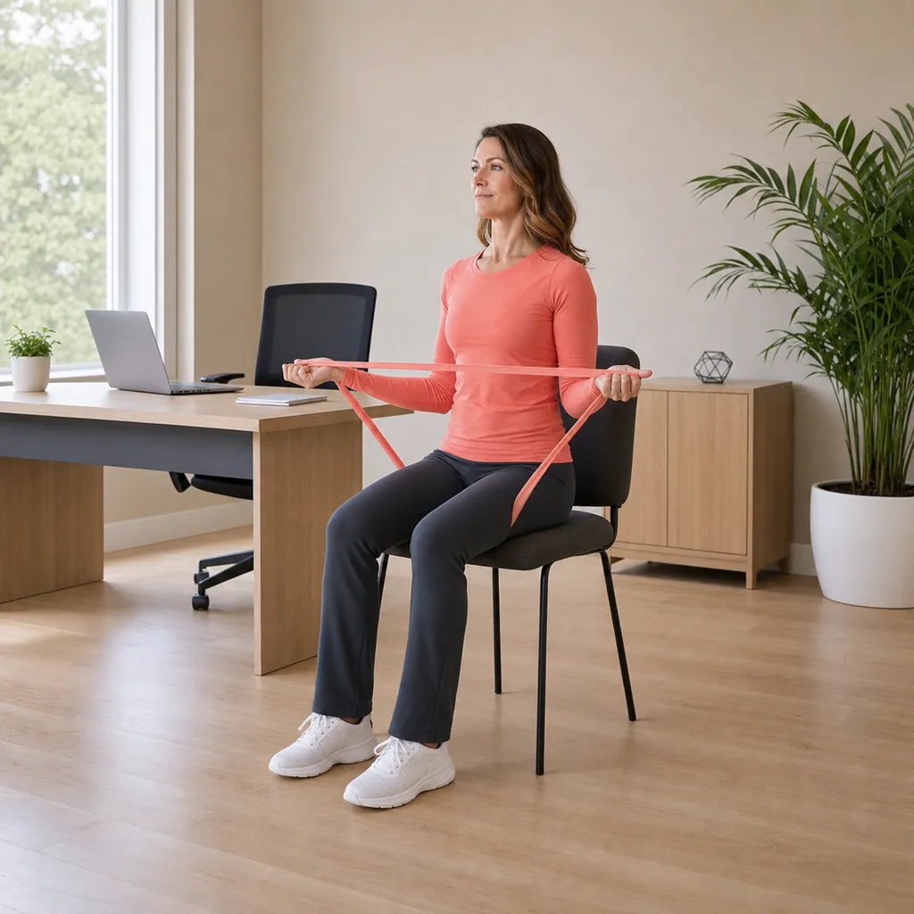 Office worker seated with elbows tucked during band external rotation