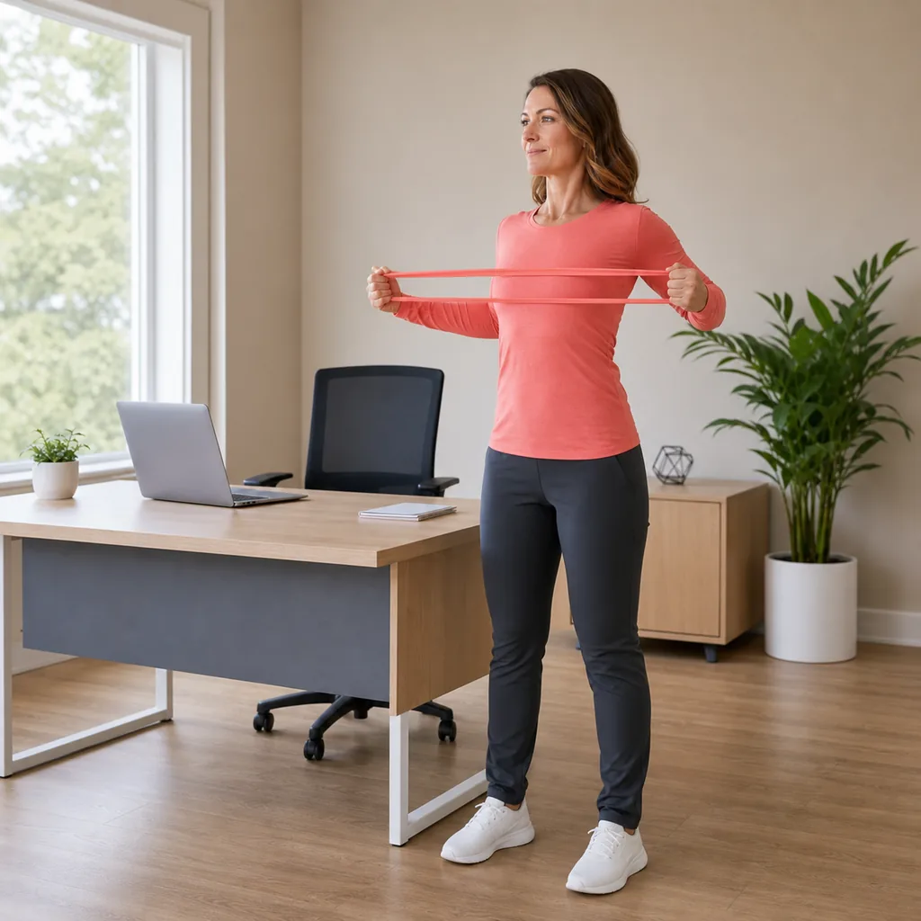 Office worker performing an unanchored resistance band row