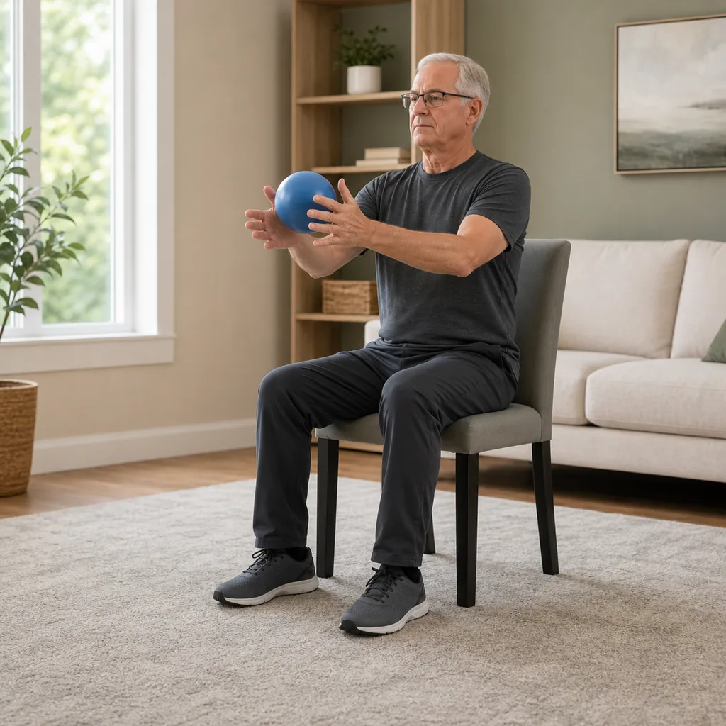 Senior passing a blue foam ball between open hands