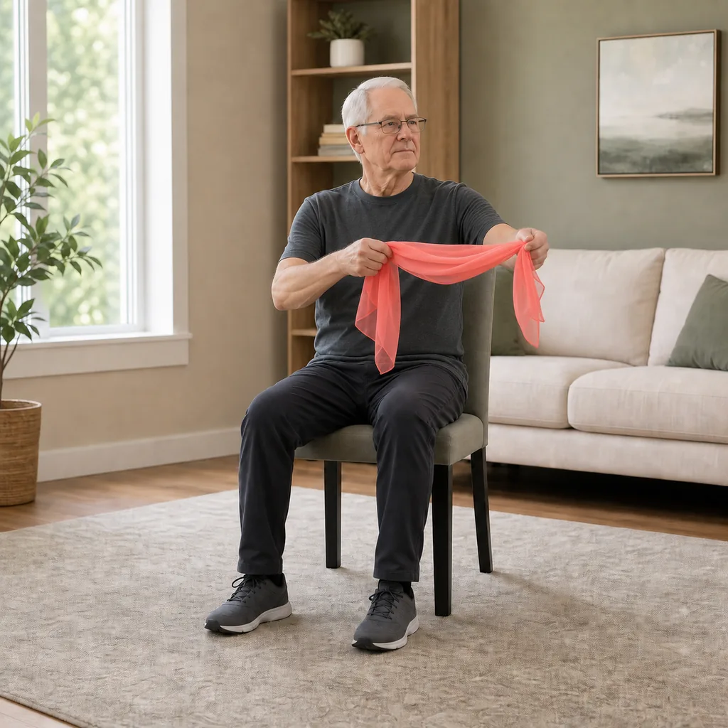 Senior transferring a lightweight scarf between both hands
