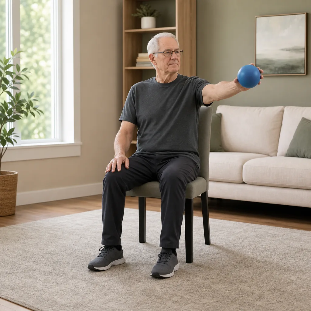 Senior visually tracking a blue foam ball at arm's length