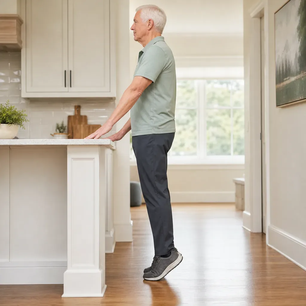 Senior performing a supported standing heel raise