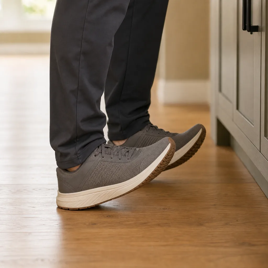 Close view of a supported toe raise with heels grounded