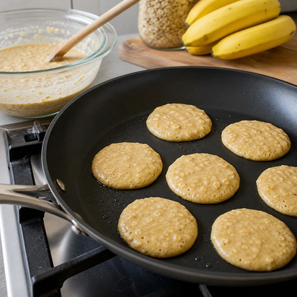 Banana pancake rounds cooking in a skillet with batter nearby