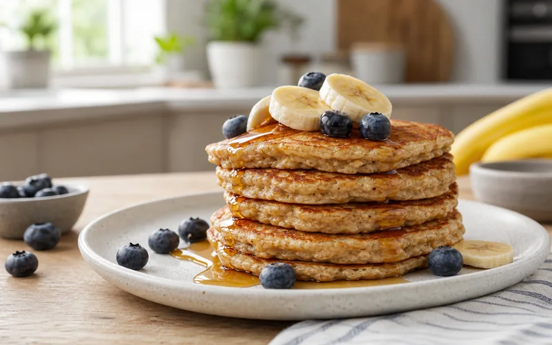 Stack of healthy banana pancakes with banana slices and blueberries