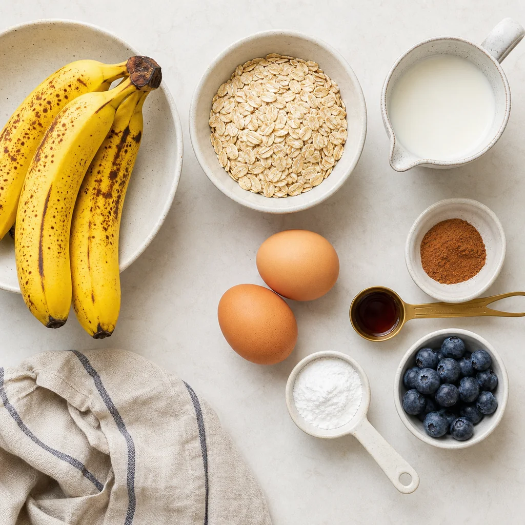 Ingredients for healthy banana pancakes with bananas oats eggs and blueberries