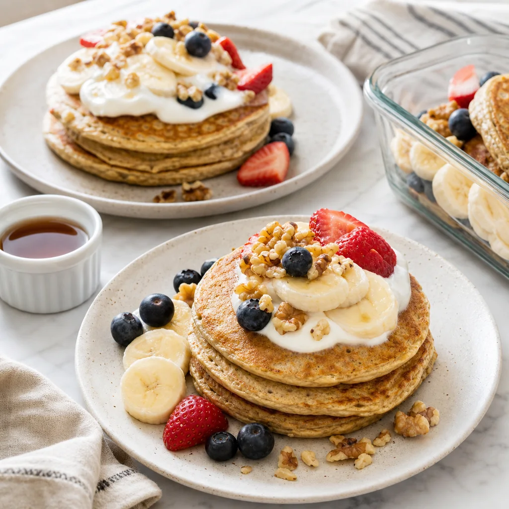 Healthy banana pancakes served with yogurt berries walnuts and syrup