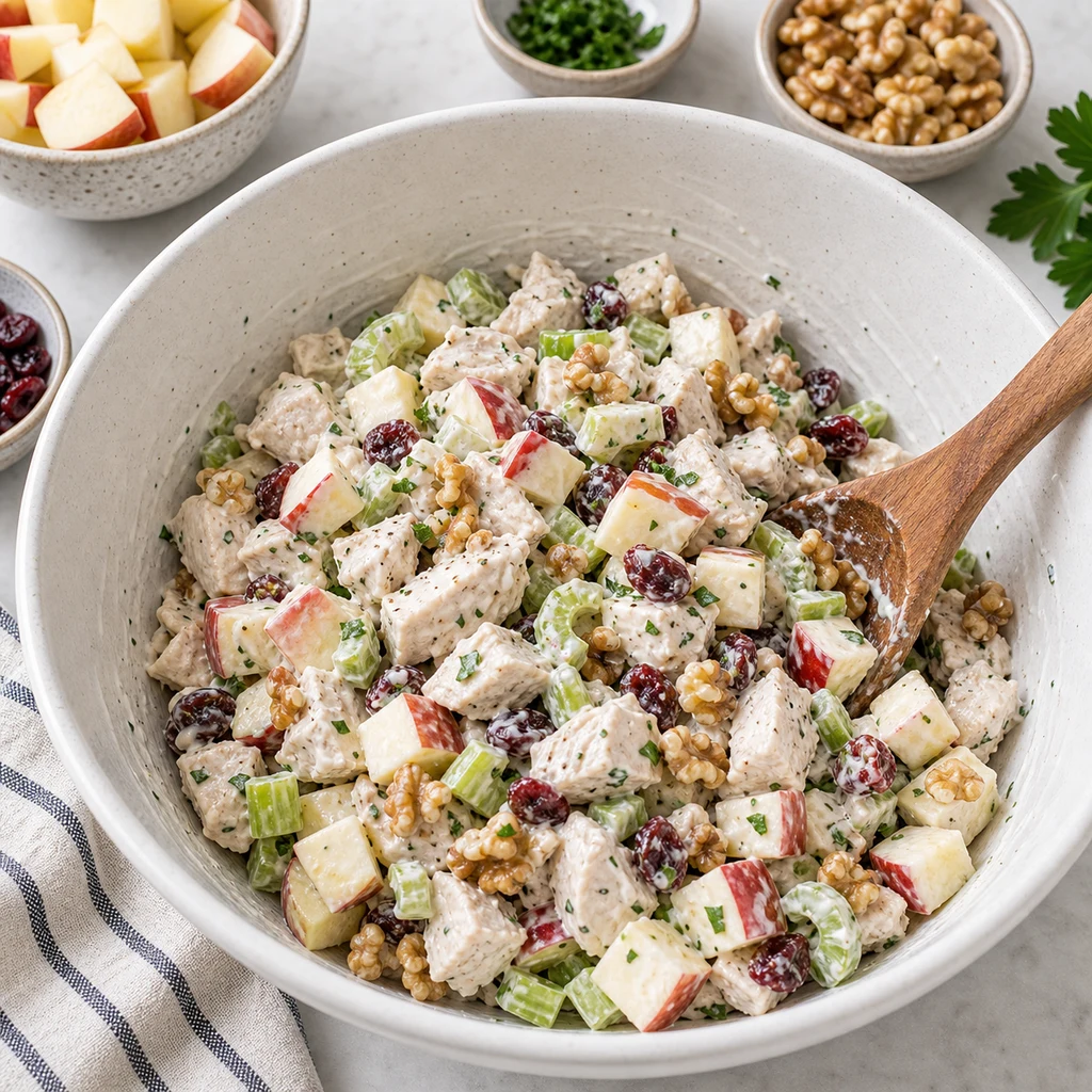 Healthy chicken salad with apples, celery, walnuts, cranberries, herbs, and Greek yogurt dressing being combined in a large bowl
