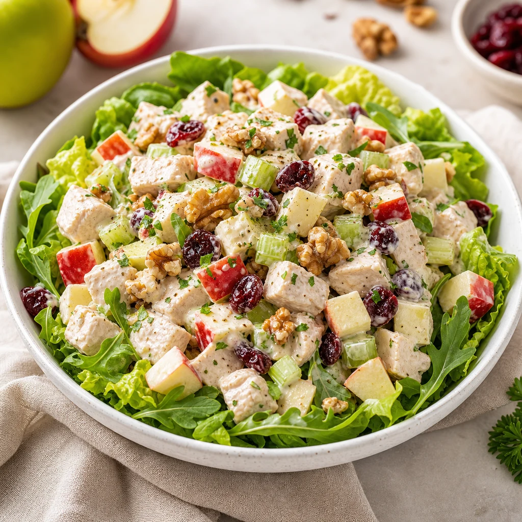 Healthy chicken salad with apples, celery, walnuts, cranberries, herbs, Greek yogurt dressing, and crisp greens in a white bowl