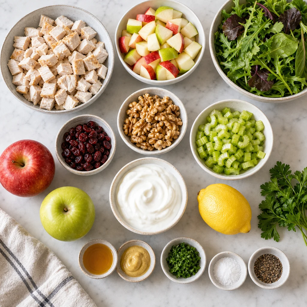 Ingredients for Healthy Chicken Salad with Apples including cooked chicken, diced apples, celery, walnuts, dried cranberries, Greek yogurt, Dijon, lemon, honey, herbs, and greens