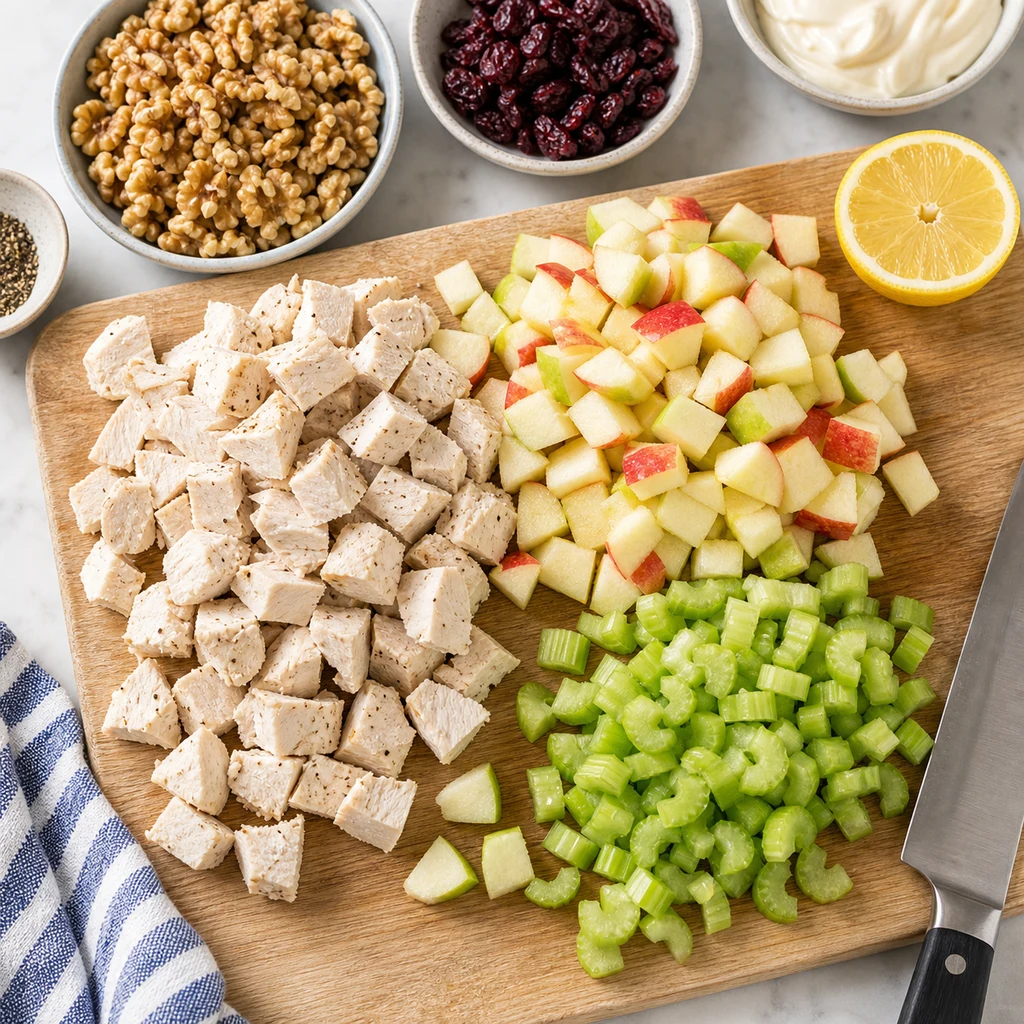 Cooked chicken cubes, diced apples, chopped celery, walnuts, cranberries, and lemon prepared for chicken salad