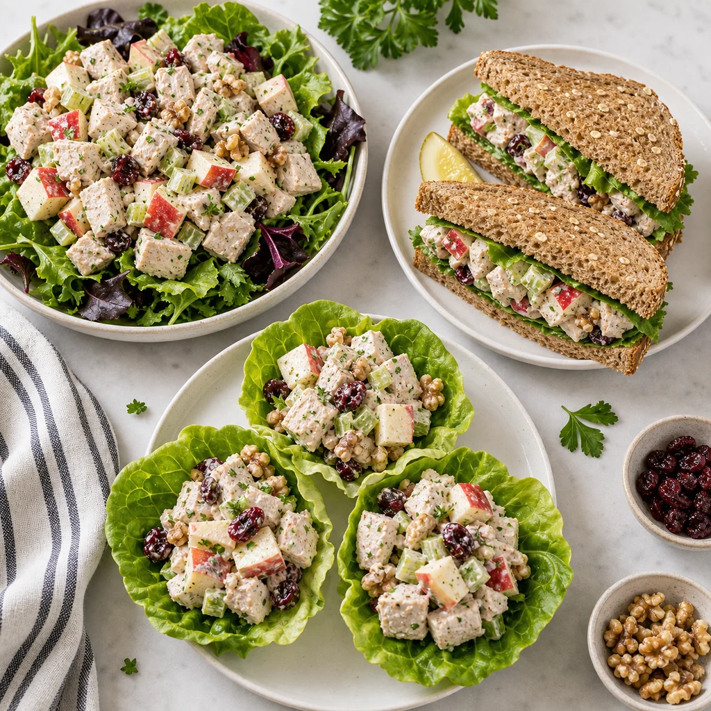 Healthy chicken salad with apples served over greens, in lettuce cups, and on whole grain bread